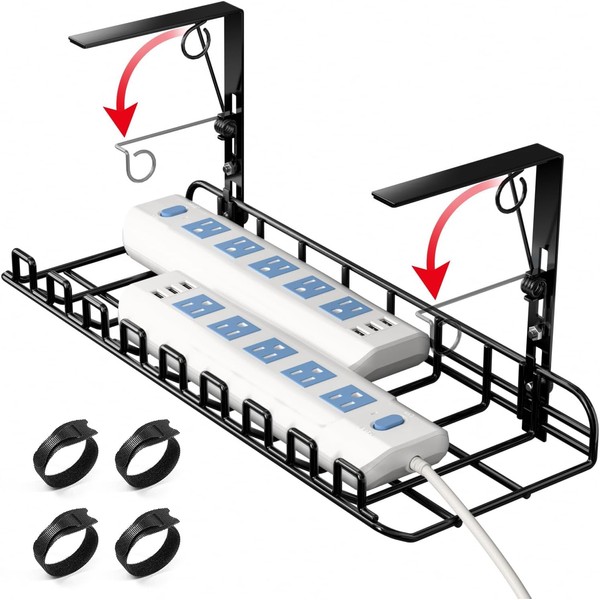 Mudeela Under Desk Cable Management Tray - 15.7in Spring Clamps No Drill Wire Cord Organizer for Desk- Larger Wire Management Desk Cable Organizers - Sturdy Metal Desk Cord Management and Cable Tray