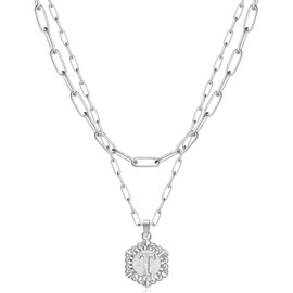 KissYan Initial Necklaces for Women, 14K Gold Plated Hexagon Letter Pendant Silver Chain Dainty Layered White Gold Paperclip Link Adjustable Capital A-Z Choker Necklace Trendy Jewelry Gifts