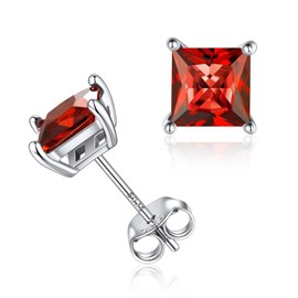 ChicSilver 6MM Princess Cut Ruby Gemstone Earrings Hypoallergenic 925 Sterling Silver Solitaire July Birthstone Stud Earrings for Women Sensitive Ears