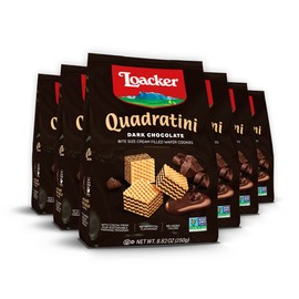 Loacker Quadratini Dark Chocolate Wafer Cookies LARGE - 30% Less Sugar - Premium Crispy Bite Size Wafers with Dark Chocolate Cream Filling - Resealable Family Pack - NON-GMO - Fine Flavor Cocoa from our Sustainable Farming Program - LARGE Snack Bag 250g/8.82oz, Multipack of 6