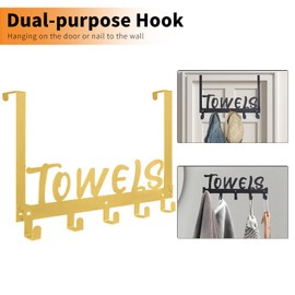 Gohiuo Over The Door Hook, Towel Holder Towel Hook for Bathroom, Towel Hanger Door Rack with 5 Coat Hooks, Over The Door Hanger Towel Rack for Bathroom, Bedroom Towels Coats(Gold)