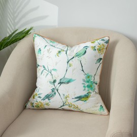 VOGOL 1 Piece Throw Pillow Cover, Green Birds Floral Pattern Printed Country Home Decorate Throw Pillowcase, 18 x 18 Inches Cushion Cover for Bedroom Sofa Office with Gold Piped Trim