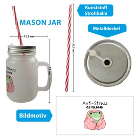 Frog in Pink Blanket Mason Jar Handle Drinking Glass with Lid with Saying Anti-Stress Drink Kawaii Cute Plush Frog Design Relax Anti-Stress Aid Oven Safe