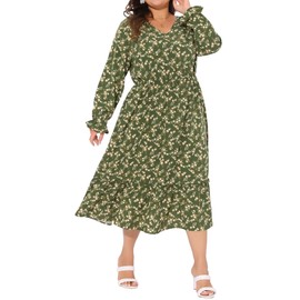 Agnes Orinda Plus Size Dress for Women Boho Floral Print V Neck Long Sleeve Ruffle Hem Long Maxi Dresses Casual Vacation 4X Olive Green