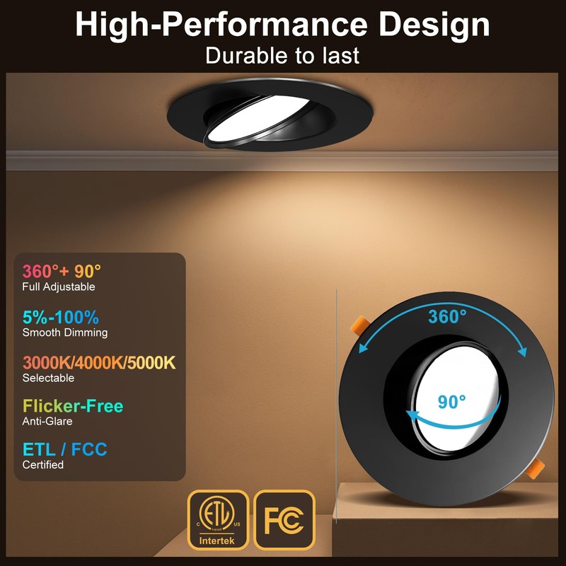Lightdot 6 Pack 6 Inch LED Gimbal Recessed Lighting, 360°+90°