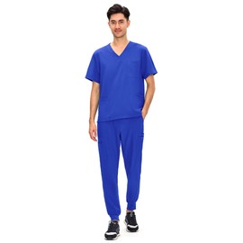 COZYFIT Scrubs for Men — 4 Pockets V-Neck Scrub Top and 7 Pockets Jogger Pants Mens Scrubs Set, Blueberry, M