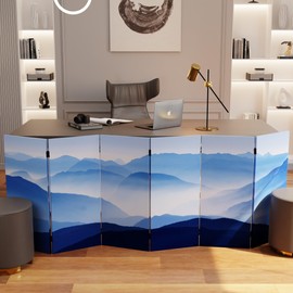 Red Lantern 3 ft. Short Double Sided Misty Mountain Canvas Folding Screen 6 Panel Freestanding Partition and Separator for Modern and Contemporary Bedroom, Home Office, Studio, Dorm, Apartment