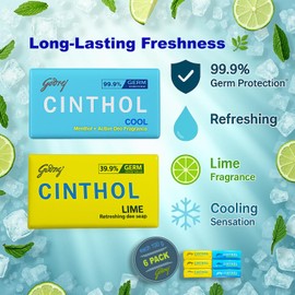 Cinthol Antibacterial Soap – 6 Bars (3 Lime + 3 Cool), 100g Each – Germ Protection & Long-Lasting Freshness.