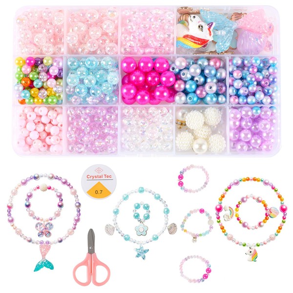 YZZAOO Beads for Bracelets Kit, 530 Pieces DIY Bracelet Kit for Girls, 4/8/10 mm Beads Bracelets, Unicorn and Mermaid, Bracelet Kit for 4 5 6 7 8 9 10 Years Girl