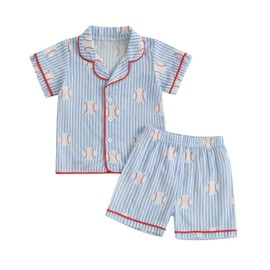 M9ppzzur7 Toddler Boys Summer Pyjamas Sets Cotton Short Sleeve Tops Elastic Waist Shorts Sets Sleepwear for Kids 1-7 Years (Blue, 3-4 Years)