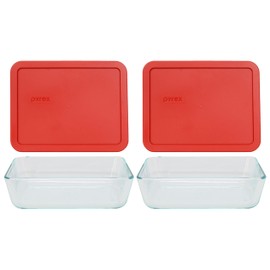 Pyrex (2 7211 6 Cup Glass Dishes & (2) 7211-PC Poppy Red Lids Made in the USA