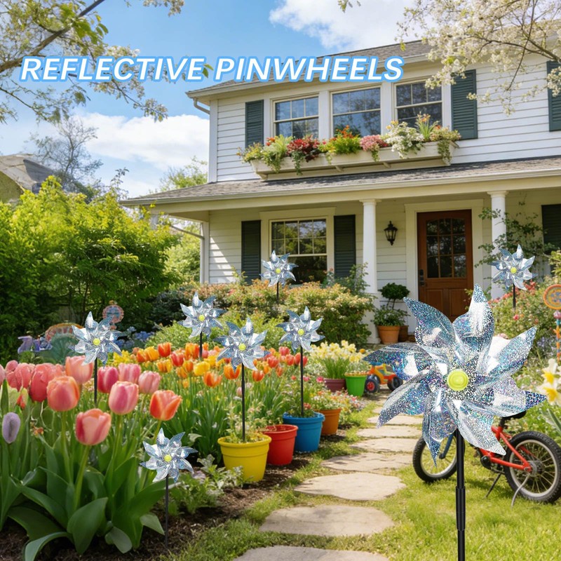 18 Pack Reflective Pinwheels for Yard and Garden,Scare Birds Away
