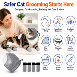 Cat Muzzle - Adjustable Anti-Bite Head Cover, Breathable Cat Grooming Helmet Mask with 4 Anti-Scratch Claw Covers for Nail Trimming, Injections & Bathing