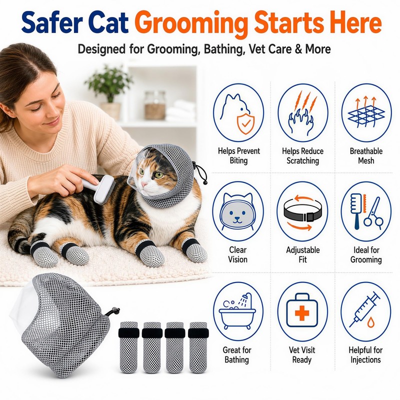 Cat Muzzle - Adjustable Anti-Bite Head Cover, Breathable Cat Grooming