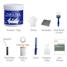 Mollor Tub and Tile Refinishing Kit with Tools, 35oz White Tile Paint Water Based & Low Odor, DIY Bathtub Paint, Easy to Use for Bathroom, Kitchen, Porcelain, Floor, 50-60sq.ft（Light Grey）