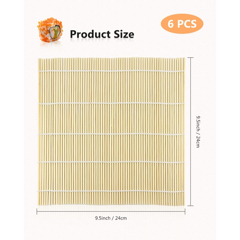 JIALEEY Bamboo Sushi Rolling Mat, 9.5x9.5 Inch, 6 PCS Set