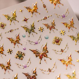 Gold Butterfly Nail Art Stickers - 5D Embossed Butterflies & Flowers Nail Decals - Self Adhesive Luxury Shiny Nail Design Stickers for Women & Men Manicure Decoration