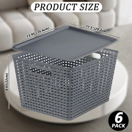 Tyminin 6 Pack Plastic Storage Bins with Lids, Stackable Storage Baskets with Handles, Large Organizer Bins for Desk, Shelves, Office, Plastic Container Bins for Pantry Organizers and Storage, Grey