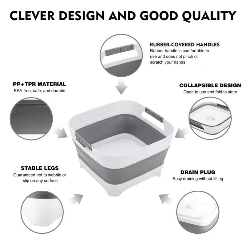 Collapsible Dish Basin 2.4Gal/9L, Foldable Sink with Drain Plug &