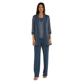 R&M Richards Womens Elegant Metallic Rib Knit Twinset Pant Suit | 2-Piece Dressy Jacket & Straight Leg Trousers Pant Set