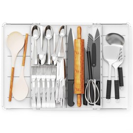 Yieach Large Expandable Cooking Utensil Drawer Organizer for Kitchen Tool,Spatula,Gadget Organization,Adjustable Plastic Flatware,Cutlery Holder,Silverware Tray,Knives,Fork and Spoon Organizer,Clear