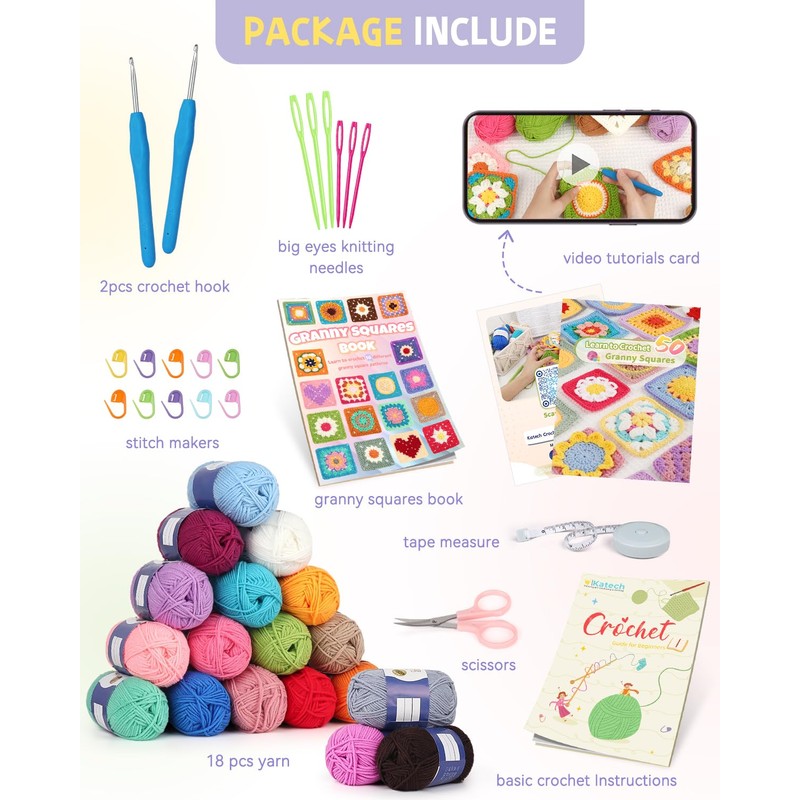 Katech Crochet Kit for Beginners, 50 Granny Squares Crochet Kits