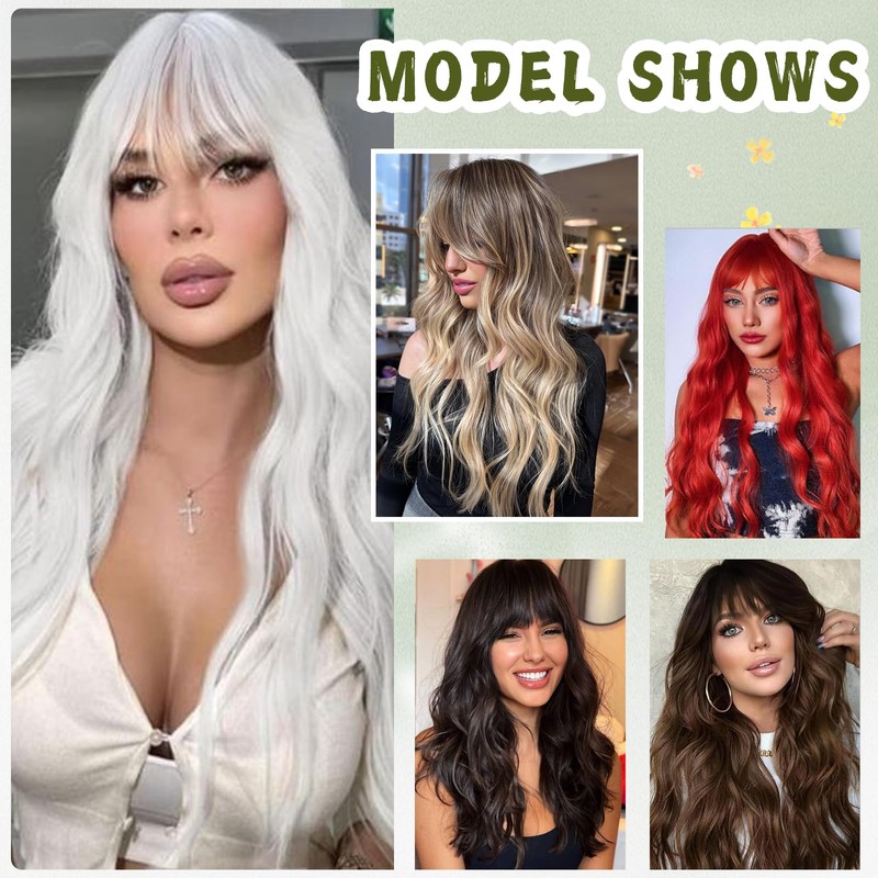 Angzon Red Wig With Bangs Long Curly Wavy Red Wigs