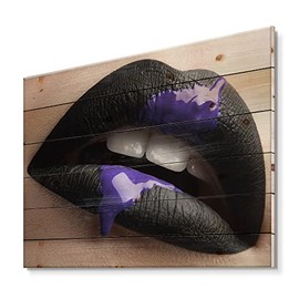 DesignQ Female Lips With Black Lipstick & Purple Paint Modern & Contemporary Wood Wall Decor, Black Wood Wall Art, Large People Wood Wall Panels Printed On Natural Pine Wood Art
