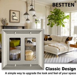 [2 Pack] BESTTEN Satin Nickel Zinc Alloy 2 Gang Decorator Wall Plate Cover, Grand Collection Metal Wall Plate for Receptacle Outlet Switch, Satin Nickel