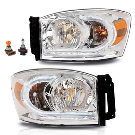 PIT66 Headlights Assembly w/Bulbs & LED Light Bar Compatible with Dodge Ram 1500 2006 2007 2008, Fit Dodge Ram 2500 3500 2006-2009 Front Headlamp Clear Lens Chrome Housing Amber Reflector