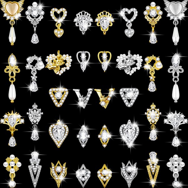 36 Pieces Heart Nail Art Rhinestones Pearl Crystal Nail Charms 3D Dangle Nail Charms Metal Nail Gems 3D Nail Jewelry for Nails DIY Accessories Supplies Jewelry Crafting, Gold, Silver, 18 Styles