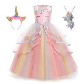 Yipkorra Unicorn Dress for Girls Unicorn Costume Pageant Princess Party Birthday Long Gown with Headband & Necklace (Champagne, 120 4-5 Years)