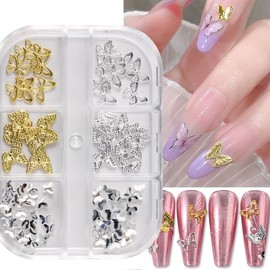 6 Grids Alloy Butterfly Nail Charms 3D Metal Butterfly Nail Gems Gold Silver Nail Art Charms Butterfly Rhinestones for Nails Supplies Women Girls DIY Acrylic Nail Manicure Jewelry Decorations