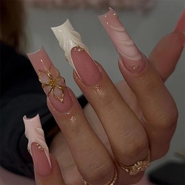 BABALAL Press on False Nails Long Square Fake Nails White French Tip Glue on Nude Pink Acrylic Nails Gold Chrome Flower 3D Handmade Diy Full Cover for Women Girls