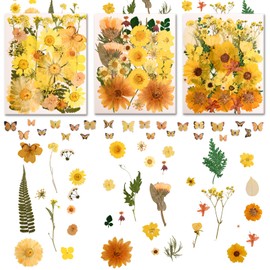 140 PCS Yellow Real Pressed Dried Flowers and Leaves with Butterfly Stickers & Tweezers – Natural Dried Flowers for Resin, Candle, Jewelry, Nail Art, Scrapbooking & DIY Crafts (Yellow 140)