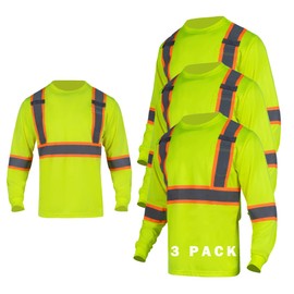 FONIRRA High Visibility Shirts for Men 3 Pack Reflective ANSI Class 2 Hi Vis Safety Construction Work T Shirt Long Sleeves, Yellow-3pcs, Small