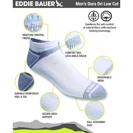 Eddie Bauer Men's Dura Dri Moisture Control 6-Pair Low Cut Socks, White (6 Pairs), Large