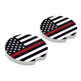 Elektroplate Firefighter Thin Red Line USA Flag Automotive Ceramic Coasters (2.6" Diameter) | Universal Fit for All Cars, Trucks, SUVs, and More | Absorbent Non-Slip Durable | Set of 2