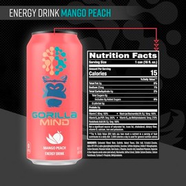 Gorilla Mind Gorilla Mind Energy Drink | Unmatched Energy  Amplified Focus | N-Acetyl-L-Tyrosine, Alpha-GPC, 200mg Caffeine, Uridine, Saffron | 0 Sugar Or Artificial Colors | 16oz, 12-Pack (Mango Peach)