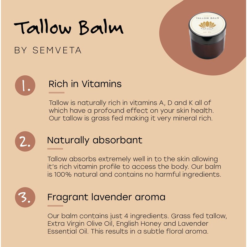 Organic Honey Tallow Balm - 100% Grass Fed Moisturizing Tallow
