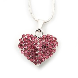 Avalaya Small Pink Crystal Puffed Heart Pendant with Silver Tone Chain/ 40cm L/ 4cm Ext