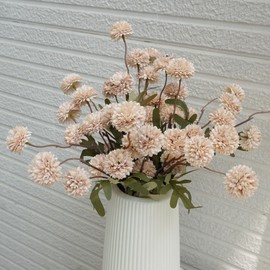 VOELIGT Faux Kiku Flower - Beige 12 Stems Faux Silk Mini Chrysanth with Stems Bulk Fake Wedding Filler Flowers Pompon Mums Artificial Flower Ball for Table Centerpieces