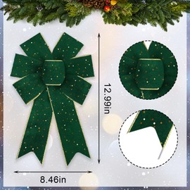 Threetols 2pcs Christmas Wreath Bows, Vintage Green Velvet Bows for Wreath Xmas Decor Bows for Front Door, Green Glitter Tree Bows for Winter Xmas Party Home Indoor Outdoor Decor