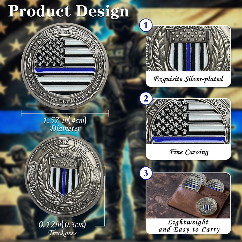 Police Challenge Coin Thin Blue Line Shield American Flag Coin