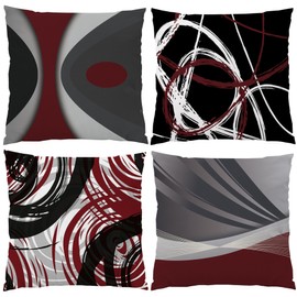 EZVING Burgundy Set of 4 Throw Pillow Covers Modern Abstract Wine Red Stripes Gray Black White Acrylic Decorative Pillow Cases Home Decor Square 18x18 Inches Pillowcases