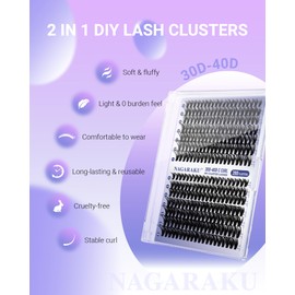 NAGARAKU Individual Eyelash Clusters, 30D, 40D, Mega Volume DIY Set, 280 Clusters, Thick Fluffy Eyelash Clusters, Thin Band, Wispy Eyelash Clusters for Beginners, Matte Black, 14 Rows (0.07 mm C 9-15