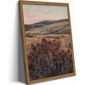 Framed 3D Textured Wall Art, Vintage Landscape Wall Decor Painting, Hand Drawn Sandstone Moody Dark Wildflower Pictures Artwork for Living Room Bedroom 16x24 inch Wood Frame