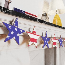 AquaChase Patriotic Wooden Banner Decor, Retro Stars and Strips Printed on Both Sides, Rustic 4th of July Decorations - Red Blue White Wood Garland for Fireplace Mantel Walls Porch Fence