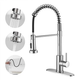 VOTON Chrome Kitchen Faucets with Pull Out Sprayer Commercial Spring Sink Faucet Stainless Steel Pull Down Single Handle Farmhouse faucets with Deck Plate for Camper Laundry Utility Rv Wet Bar