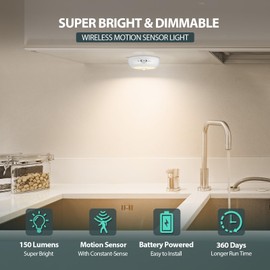 BLS 3.3” Motion Sensor Light Indoor AA Battery Powered, Under Cabinet Lighting Battery Operated, Magnetic Stick on LED Puck Nights Lights for Kitchen, Wall, Stair, Dimmable, 3000K Warm White (3 Pack)